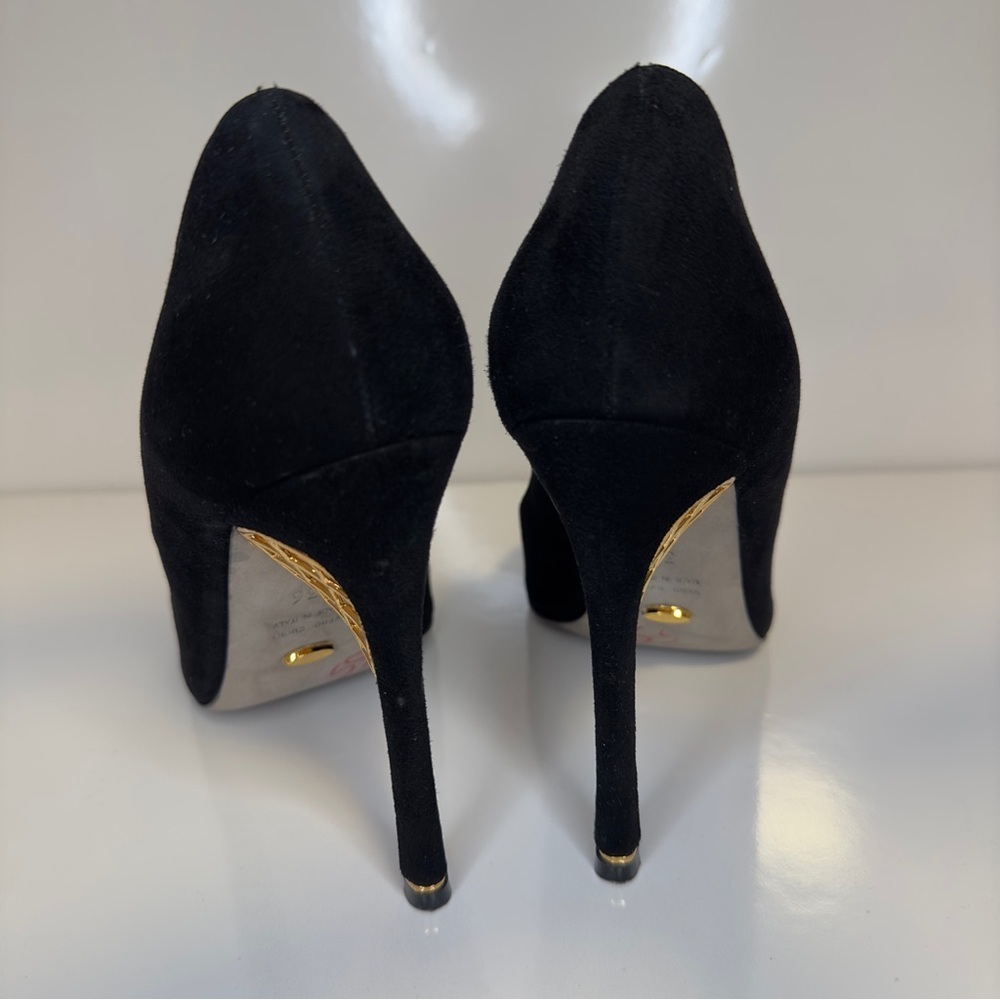 New! SERGIO ROSSI BLACK SUEDE WITH NET GOLDEN DETAIL HEELS SIZE 36 - Picture 10 of 12